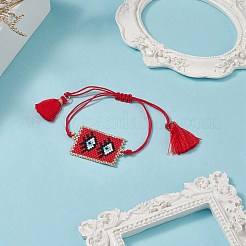 手作り日本の種子長方形編組ビーズ ブレスレット  女性用タッセルチャームブレスレット  アイ模様  ペンダント：38x22x1.5mm  最大内径: 3-1/2 インチ (9 cm)&nbsp;BJEW-MZ00022-02