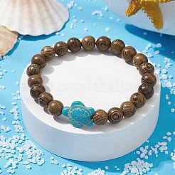 Natural Wood Round & Synthetic Turquoise Turtle Beaded Stretch Bracelet for Women&nbsp;BJEW-JB09699-06