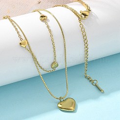 304ステンレススチールハートペンダントダブルレイヤーネックレス女性用  18KGP本金メッキ  14.69インチ（37.3cm）&nbsp;NJEW-C084-04G