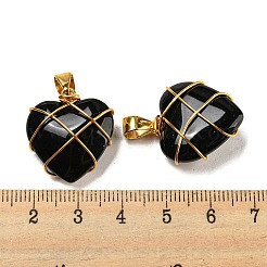 ガラスのペンダント  金色の真鍮と鉄の金具付き  ハートチャーム  ブラック  22.5x21.5x8mm  穴：7.5x4mm&nbsp;GLAA-H029-04G-04