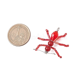 ガラスシードビーズのアリペンダント  天然カーネリアンビーズと304ステンレススチールループ付き  レッド  37x45.5x7.5mm  穴：3mm&nbsp;PALLOY-MZ00468-02