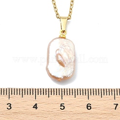 Natural Baroque Keshi Pearl Rectangle Pendant 304 Stainless Steel Cable Chain Necklaces for Women&nbsp;NJEW-JN06136