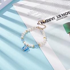 ランプワーク フラワー チャーム ブレスレット  女性のための天然真珠とガラスビーズの可憐なブレスレット  コーンフラワーブルー  7-1/2インチ（19cm）&nbsp;BJEW-TA00177-02