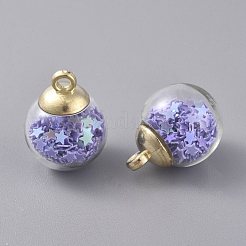 ガラスボールペンダント  星のグリッタースパンコールと金メッキのccbプラスチックカップヒートンキャップ  ラウンド  ライラック  20.5x15mm  穴：2.5mm&nbsp;GLAA-WH0015-26L