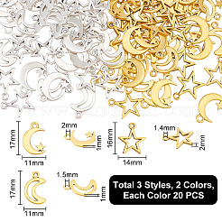 120pcs6スタイルチベットスタイルアロイペンダント  鉛フリー及びカドミウムフリー  月＆星  ミックスカラー  17x11x1mm  穴：1.5mm&nbsp;TIBEP-UN0001-20