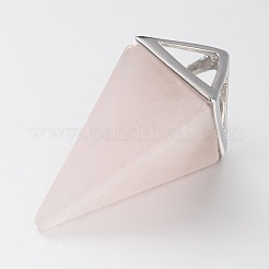 天然ローズクォーツポイントペンデュラムペンダント  プラチナメッキ真鍮パーツ  30~34x15x15mm  穴：5x6mm&nbsp;X-G-E301-06P