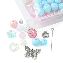 DIY ストレッチ ブレスレット メイキング キット  花、イミテーションパール、キューブアクリル、プラスチックビーズを含む  ハートプラスチックリンクリング  蝶合金チャーム  ミックスカラー  198個/セット&nbsp;DIY-FS0004-04