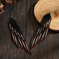 手作りのボヘミアンガラスシードビーズのシャンデリアピアス  長いタッセルイヤリング  ブラック  160x23mm&nbsp;UU5270