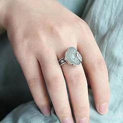 レトロな合金と樹脂の調節可能な女性用オープンカフリング  イミテーション翡翠  ハート  アンティークシルバー  内径：15~20mm&nbsp;FS-WG9D7B1-01