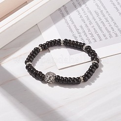 女性のための合金ライオンとココナッツ シェル ビーズ ストレッチ ブレスレット  ブラック  内径：2-1/4インチ（5.6cm）&nbsp;BJEW-JB08208