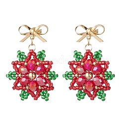 真鍮シードビーズ、クリスマスフラワー、スノーフレークダングルスタッドピアス  ゴールドカラー  レッド  36x28mm&nbsp;EJEW-MZ00492