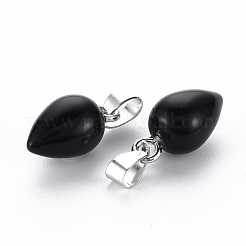 天然な黒の石のペンダント  プラチナアイアンピンチベイル付き  ティアドロップ  20x11mm  穴：7x4mm&nbsp;G-S359-289B