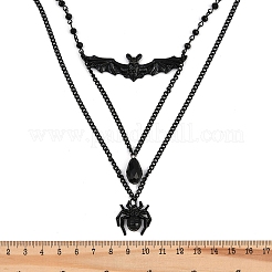 鉄とティアドロップ樹脂のハロウィンコウモリクモペンダント、女性用二重層ネックレス  ブラック  15.28インチ（38.8cm）&nbsp;LS-NJEW-A055-01B-EB