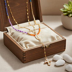 304 Stainless Steel Pendant Colorful Glass Beaded Double Layer Necklaces for Daily Wear&nbsp;WG8061-2