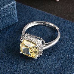 調節可能な925スターリングシルバーマイクロパヴェキュービックジルコニアカフリング（女性用）  プラチナメッキ  正方形  内径：17.6mm  スクエア：13.5x13mm&nbsp;RJEW-F183-01C-02