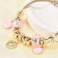合金エナメルヨーロピアンビーズチャームブレスレット  女性用スネークチェーンブレスレット  ハートとフラットラウンドと雲  樹脂とシリコンビーズ付き  鉛フリー＆カドミウムフリー  ゴールドカラー  7-1/8インチ（18.1cm）&nbsp;BJEW-F495-23G