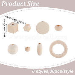 240Pcs 8 Styles Natural Unfinished Wood Beads&nbsp;WOOD-ME0001-13