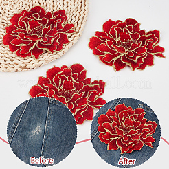 牡丹のポリエステル刺繍縫い付けパッチ4個  布のアップリケ  レッド  123x147x1.5mm&nbsp;PATC-CY0001-72B