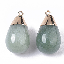 トップゴールデンメッキナチュラルグリーンアベンチュリンペンダント  鉄ループ付き  ティアドロップ  28~29.5x16mm  穴：1.6mm&nbsp;G-T131-02D