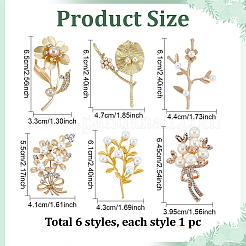 6個 6スタイル 花柄 亜鉛合金 ラペルピン 衣類用  樹脂製模造パールとラインストーン付き  ミックスカラー  55~74x33~43mm  1個/スタイル&nbsp;JEWB-PH0001-78