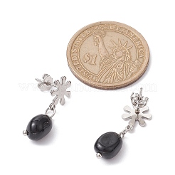 天然黒曜石ツイストオーバルダングルスタッドピアス  304ステンレススチールフラワーイヤリング  25~26x7mm&nbsp;EJEW-JE05664-05