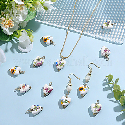 30個 3色 ハンドメイドプリント磁器ペンダント  304ステンレススチールループ付き  ゴールドカラー  ハート  ミックスカラー  23.1mm  穴：2.7mm&nbsp;PALLOY-PH01949