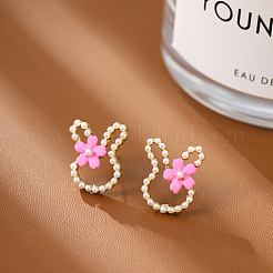 Alloy Imitation Pearl Plastic Rabbit & Flower Stud Earrings for Women&nbsp;WGC2AFB-02