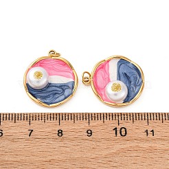 304ステンレススチールエナメルペンダント  フラットラウンドのチャーム  ABSプラスチック製の模造真珠とグリッターパウダーとジャンプリング付き  イオンプレーティング（ip）  18KGP本金メッキ  21.5x19x7mm  穴：2.5mm&nbsp;STAS-U061-44G