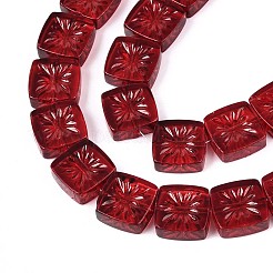 透明ガラスビーズ連売り  花の正方形  暗赤色  11x11x4mm  穴：1mm  約59~61個/連  25.59~26.38インチ（65~67cm）&nbsp;GLAA-N012-01B
