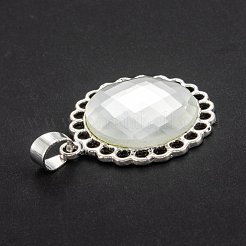 合金ペンダント  ガラスカボション付き  フラットラウンド  プラチナ  36x26x5mm  穴：6.3x4.5mm&nbsp;PALLOY-P247-01P