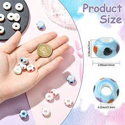 20個 4色 ハンドメイドプリント磁器ヨーロピアンビーズ  大穴ビーズ  ロンデル  ミックスカラー  14x7mm  穴：5.5mm  5個/カラー&nbsp;PORC-CJ0001-31
