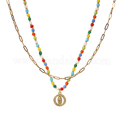 Boho Brass Crystal Rhinestone Religion Virgin Pendant Rainbow Glass Seed Beaded Double Layer Necklaces with Stainless Steel Paperclip Chains&nbsp;EI6810-1