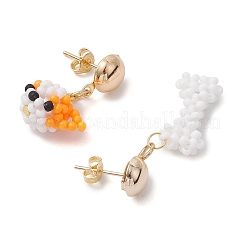 ガラスシードビーズ犬＆骨スタッドピアス  アイアンスタッドピアス  プラチナ  左右  ミックスカラー  27x16.5mm&nbsp;EJEW-MZ00339