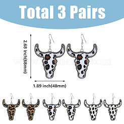 3ペア3色イミテーションレザー牛頭ダングルイヤリング（女性用）  合金ロングドロップイヤリング  ミックスカラー  68x48mm  1ペア/カラー&nbsp;EJEW-FI0002-36