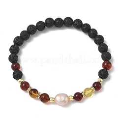 Natural Lava Rock & Amber & Cultured Freshwater Pearl Beaded Stretch Bracelets for Women&nbsp;BJEW-JB13722
