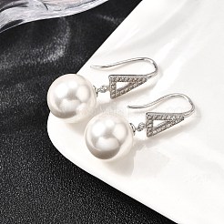 スターリングシルバーのクリアキュービックジルコニアトライアングルとラウンドダングルスタッドピアス925個  貝殻模造真珠付き  プラチナ  32x12mm&nbsp;EJEW-L300-02P