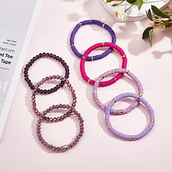 7個7スタイル手作りポリマークレイヘイシサーファーストレッチブレスレットセット  ガラスビーズスタッカブルブレスレット  女性のためのプレッピージュエリー  パープル  内径：2-1/8インチ（5.3cm）  1個/スタイル&nbsp;BJEW-SW00073-05
