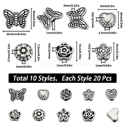 200個10スタイルチベットスタイルアロイビーズ  花と蝶/ハート  アンティークシルバー  5~7x6~10.5x3~4mm  穴：1~1.6mm  20個/スタイル&nbsp;FIND-SC0008-21