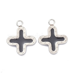 304ステンレススチールエナメルペンダント  グリッターと  ステンレス鋼色  クロス  ブラック  16x13x2mm  穴：1.8mm&nbsp;STAS-P293-02P-A