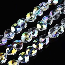 電気メッキ透明ガラスビーズ連売り  ABカラーメッキ  多面カット  ハート  クリアAB  9.5x9.5x5mm  穴：1mm  約70個/連  24.61インチ（62.5cm）&nbsp;EGLA-N002-22A-B01