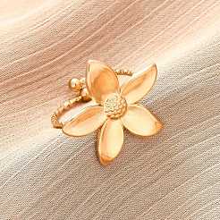 304ステンレススチールカフリング  花  ゴールドカラー  23x22mm  内径：18mm&nbsp;RJEW-D306-24G
