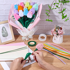 チューリップツイストスティックのDIYキット  パイプクリーナーを含む  DIYぬいぐるみスティック  鉄の茎の花棒  包装紙  ナイロンオーガンジーリボンとマスキングテープ  ミックスカラー  300x5~6mm&nbsp;AJEW-SC0032-04