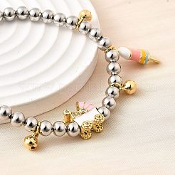 女性用真鍮エナメルラウンドビーズチャームブレスレット  クリアキュービックジルコニア  カドミウムフリー＆鉛フリー  ラックめっき  長持ちメッキ  プラチナ·ゴールデン  内径：2-1/4インチ（5.6cm）  ペンダント：23x9mm&nbsp;BJEW-D317-11A-PG