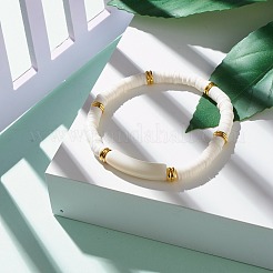 女性のためのカーブチューブアクリルビーズストレッチブレスレット  ディスクポリマークレイビーズブレスレット  ゴールドカラー  ホワイト  内径：2-3/8インチ（6cm）&nbsp;BJEW-JB06944-01