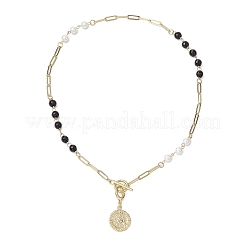 Shell Pearl Beads & Black Stone Chain Necklaces&nbsp;NJEW-JN05109