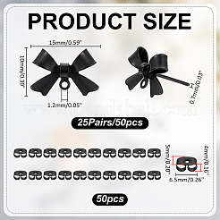 304ステンレススチール製蝶結びスタッドピアス金具25組  カン付き  ブラック  10x15mm  穴：1.2mm  ピン：0.7mm&nbsp;STAS-ME0003-34EB