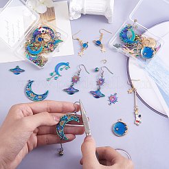 DIY プラネット イヤリング メイキング キット  星、月、宇宙飛行士201ステンレス鋼、合金エナメル、真鍮リンクコネクターとペンダントを含む  ステンレス鋼と鉄のイヤリング フック  ミックスカラー  62個/箱&nbsp;DIY-SZ0009-55