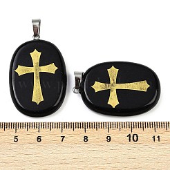 天然石オブシディアンペンダント  金の十字架のチャームが刻まれた楕円形  ステンレス鋼のベイルで  ステンレス鋼色  38~39x25x7mm  穴：7x4mm&nbsp;G-S392-01I