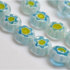 ハンドメイドミッレフィオーリガラスフラットラウンドビーズ連売り  シングルフラワーデザイン  ライトシアン  8x4mm  穴：1mm  約53個/連  14.7インチ&nbsp;X-LK-P011-18