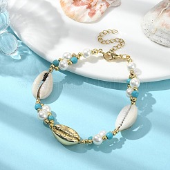 天然シェル＆シェルパール＆合成ターコイズビーズブレスレット  内径：7-1/2インチ（19.1cm）&nbsp;BJEW-TA00418